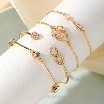 Vintage Rhinestone Heart Multilayer Arrow Chain Bracelet Set (4 Pcs)